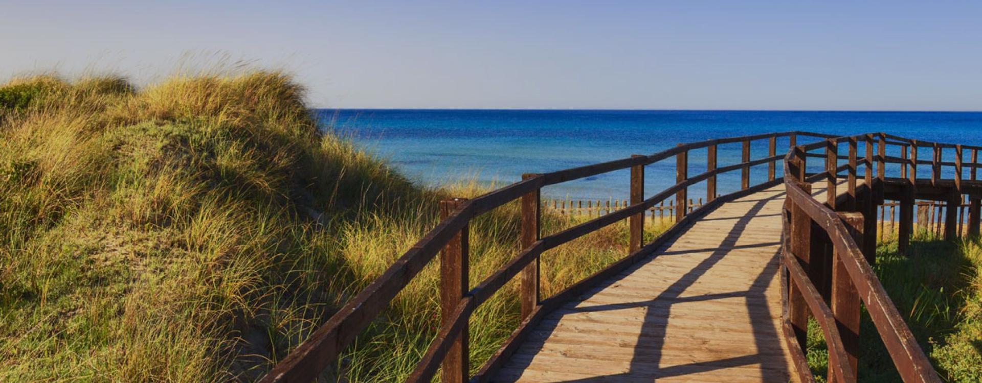 Passerella in legno tra dune di sabbia e mare azzurro.