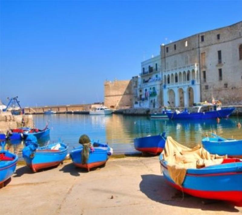 Barche colorate nel porto di Monopoli, incorniciate da antichi edifici storici.